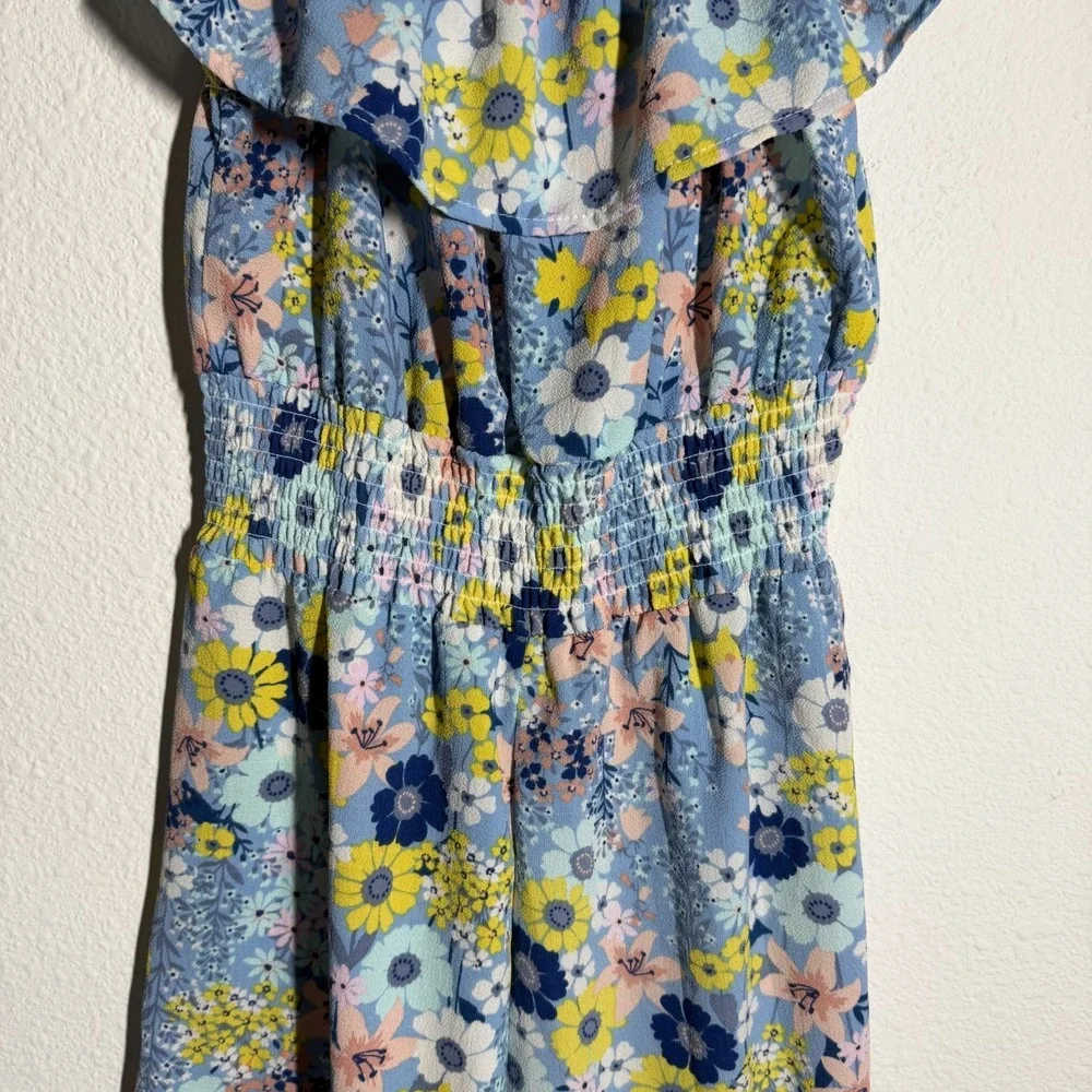 Knit Works Romper Girls 12 Blue Floral Ruffle Smocked Off The Shoulder One Piece